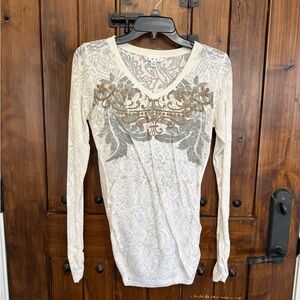 CAbi Cream and Gray Long Sleeve Top